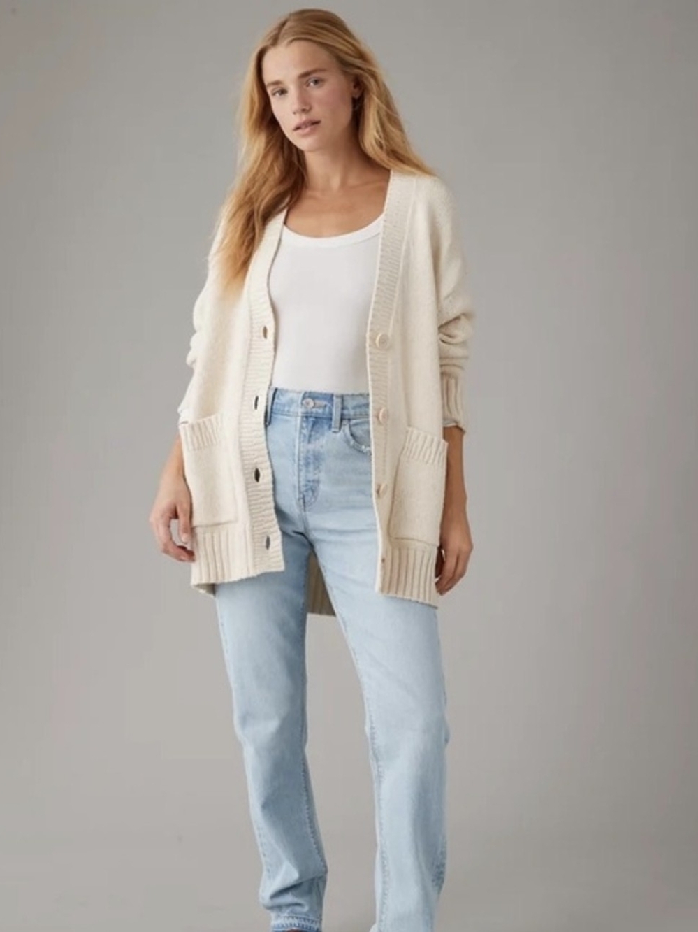 American Eagle Over-sized Button-Front Cardigan Cream Medium